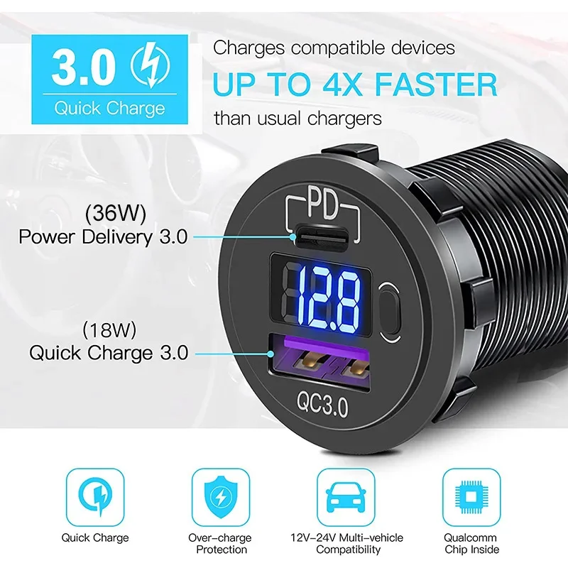 12V USB Car Charger Socket with Digital Display QC3.0 and PD Waterproof Power Outlet for Car RV Truck