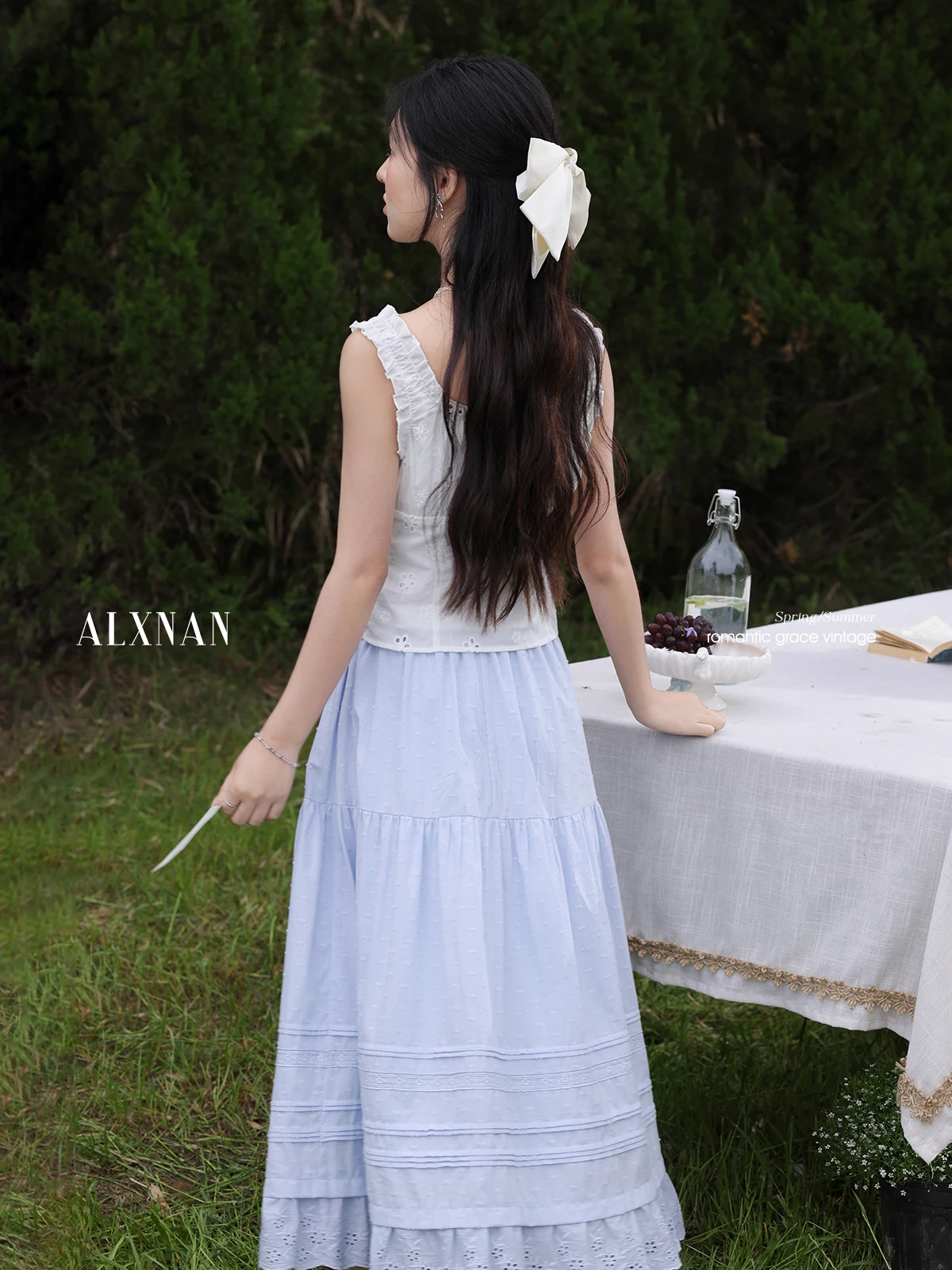 ALXNAN Women's Long Skirt Blue Elegant A-line Midi Skirt 2025 Summer High-waist Loose-fit Casual Patchwork Ladies Clothes L55612