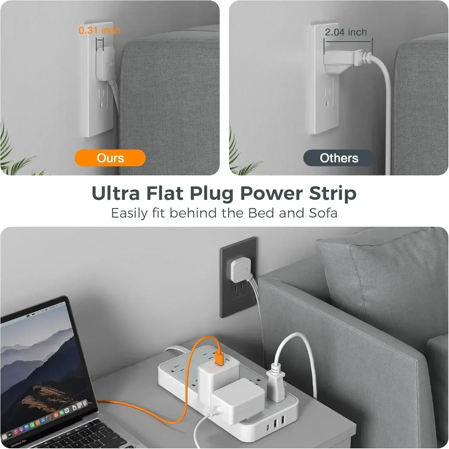 TESSAN Electrical Extension Flat Plug Type C Multi-Plug Strap Multi-Plug Connector with 8 AC Outlets and 3 USB Ports (1 Type C)