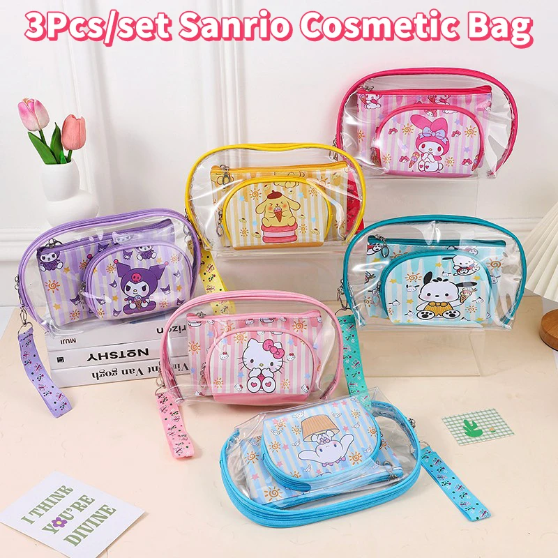 3Pcs Sanrio Hello Kitty Transparent Makeup Bag Kuromi Handbag Melody PU Cosmetic Organizer Wash Pouch Pen Bag Coin Purse