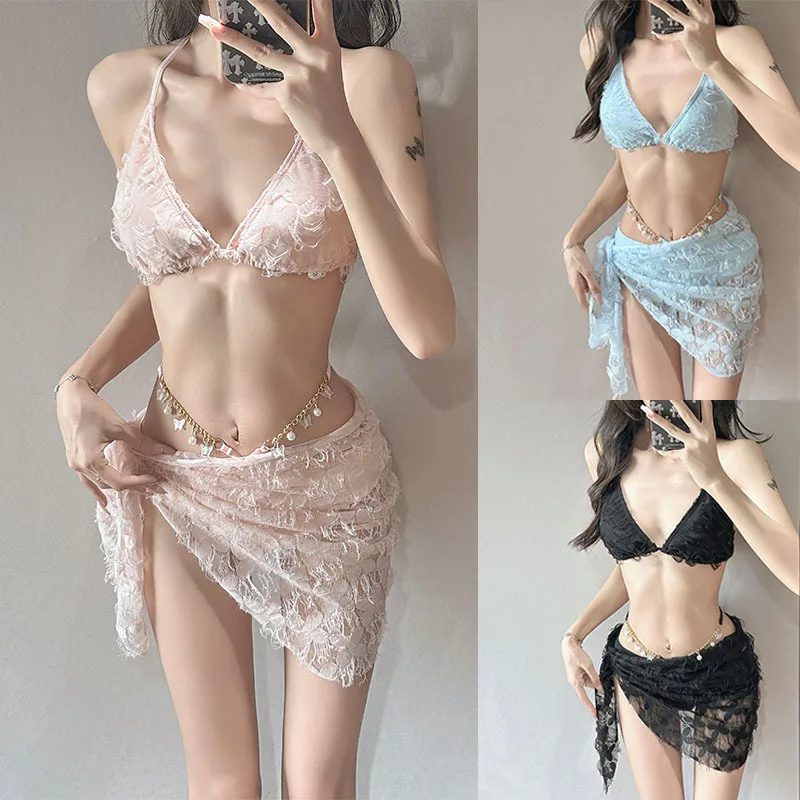 Maillot de bain trois pièces Sexy, Bikini coréen, ornements fendus pour femmes, filet de printemps chaud, rouge Ins, maillot de bain épicé, vêtements de plage, Lingerie Sexy