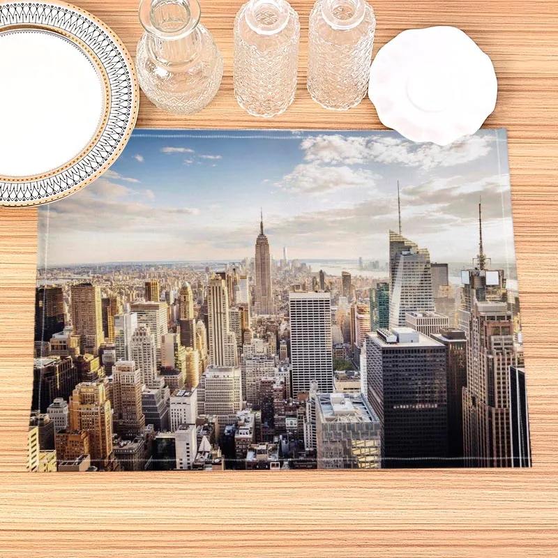 New York City Print Linen Dining Table Mats Alphabet Kitchen Placemat 30X40cm Coasters Pads Bowl Cup Mat