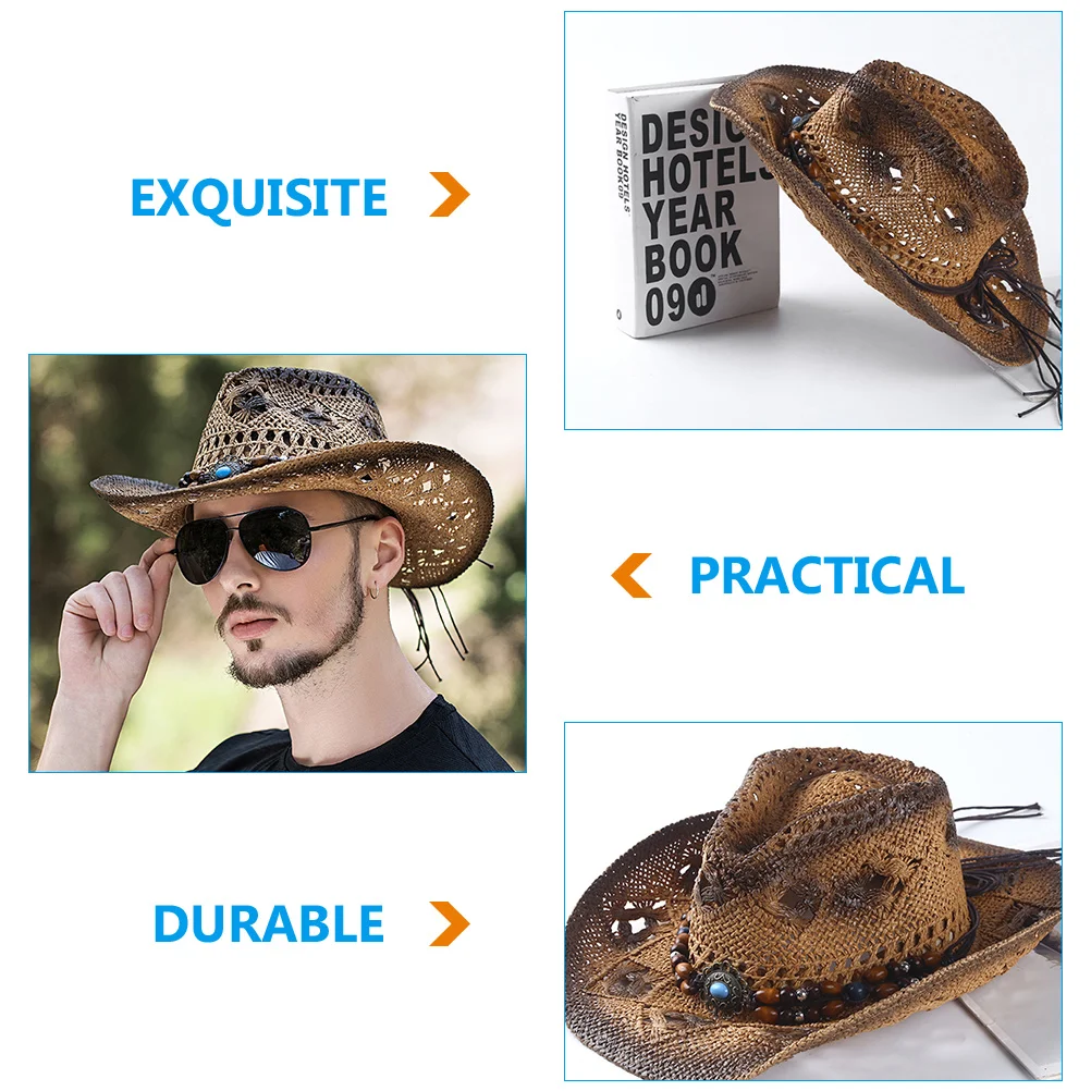 

1pc Cowboy Straw Hat for Men Women Coffee Color Sunshade Outdoor Travel Party Decoration Big Size Lightweight Fashion