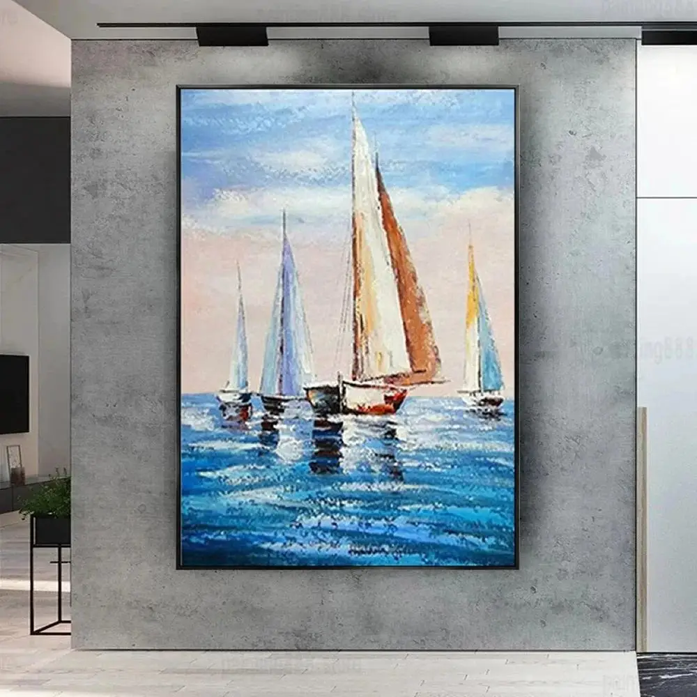 Custom Home Decor Canvas Artwork  Sunset on the Sea with Sailboat Natural Landscape Oil Paintings for Living Room Wall Art Pictu
