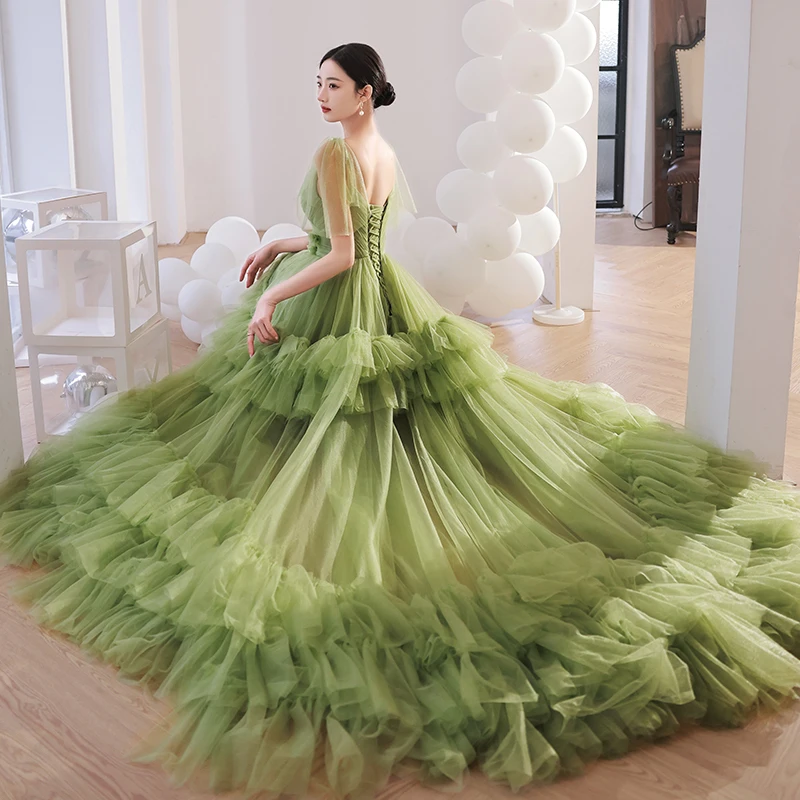 Maßgeschneiderte grüne Damen-Abendkleider, Tüll, Hofzug, Abschlussball-Party-Kleider, formelle Anlässe, Vestido De Fiesta, Roben de Soirée