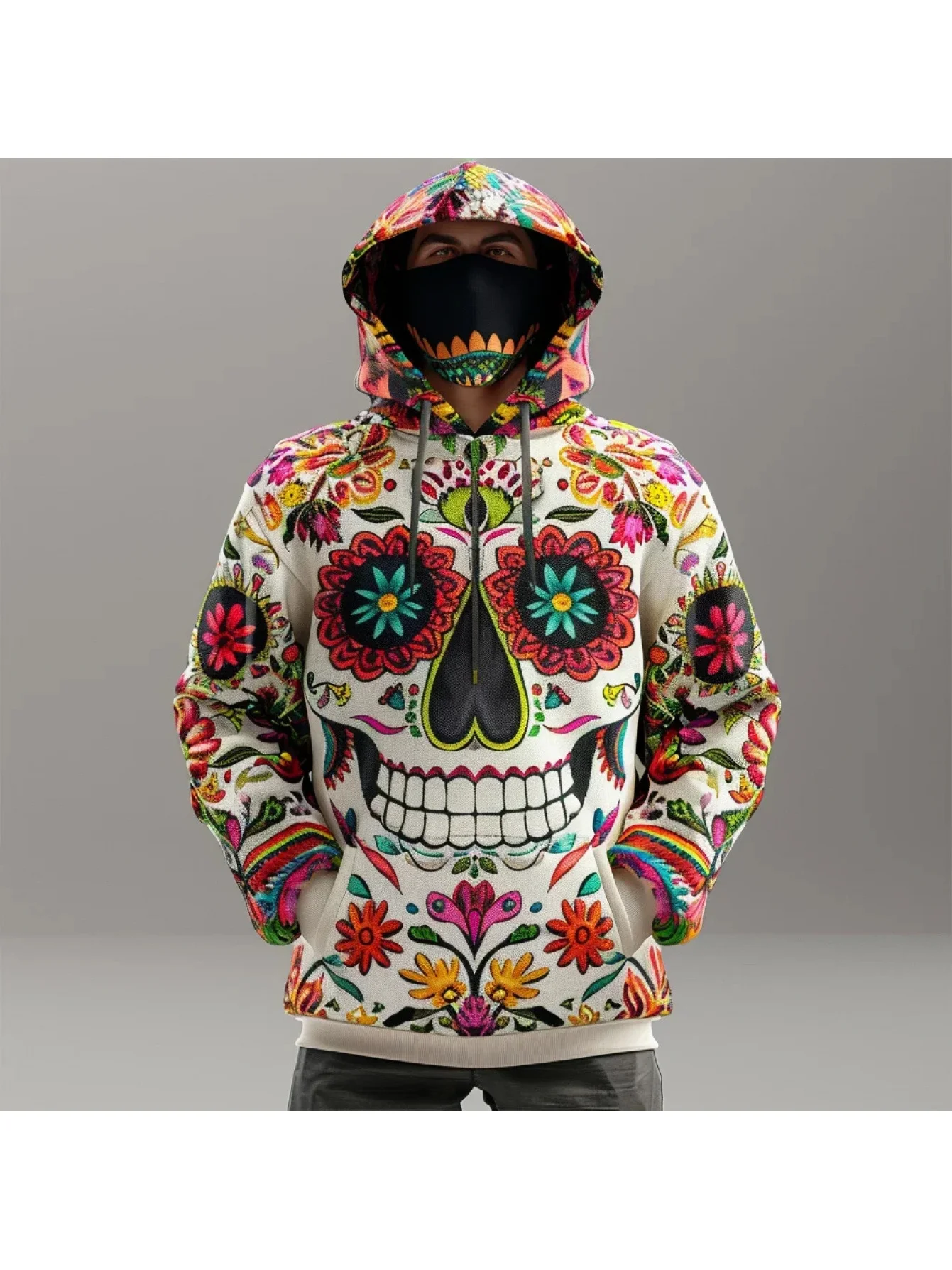 Men Mexican Sugar Skull Floral 3D All Over Print Hoodie Day Of The Dead Graphic Casual Long Sleeve Hooded Sweatshirt