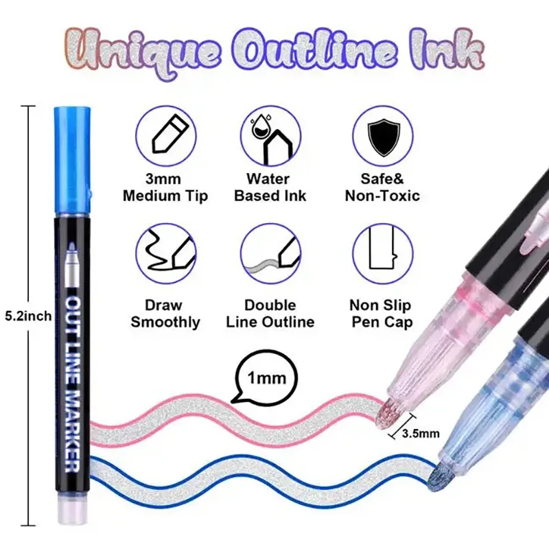 8-36 Colors Double Line Outline Pens, Self-Outline Metallic Markers Glitter Writing Drawing Pens For Christmas Card Writing