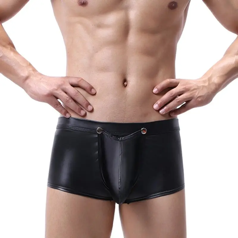 

Men's Sexy Boxer Shorts PU Faux Leather Underwear Wetlook Exotic Lingerie Bulge Pouch Penis Sheath Open Crotch Fetish Panties