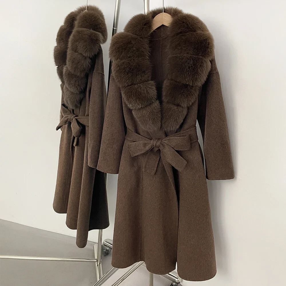 OFTBUY Neue Luxus-Winterkleidung Damen Mittellanger 100% Wollmantel Echter Fuchspelzkragen Gürtel-Wickeljacke aus Wolle für Damen – Detail 8