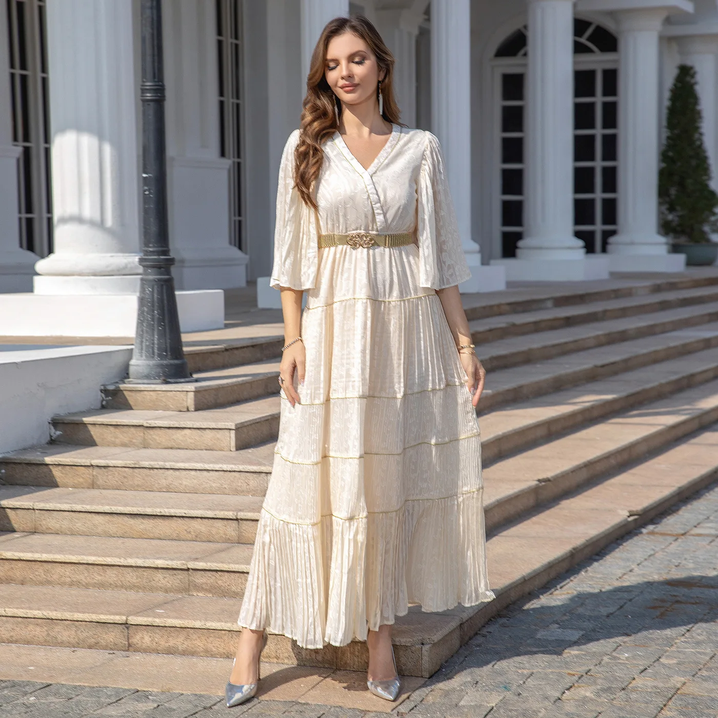 Robe de soirée ample à col en V pour femmes musulmanes, longue et amincissante