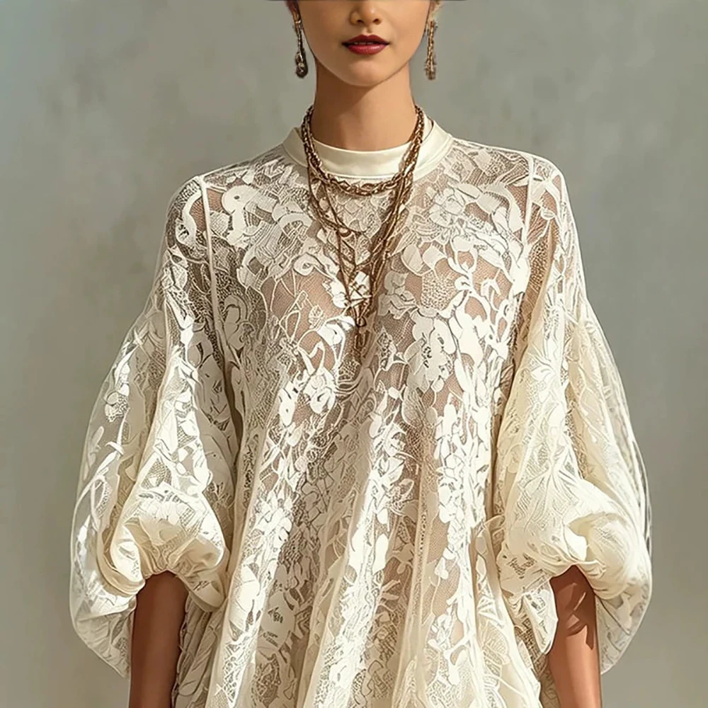 Damen Transparentes Blumen-Spitzenkleid Beige Puffärmel Durchsichtiges Mesh-Kleid mit Rundhalsausschnitt Locker Fließendes Strand-Urlaubskleid