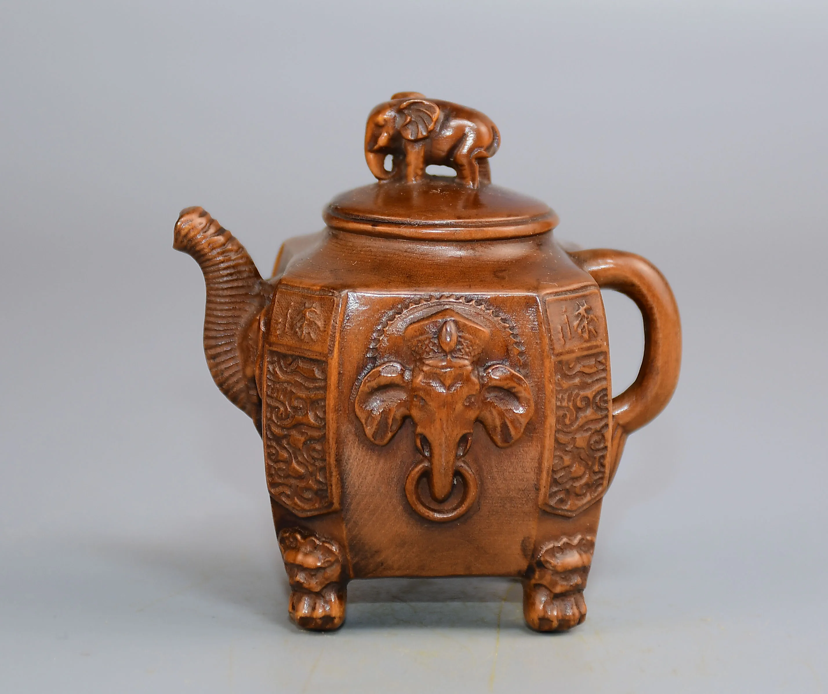 Old Boxwood Elephant statue cover Elephant Head Pattern Four sided teapot kettle Handheld pot Worship Hall Town house