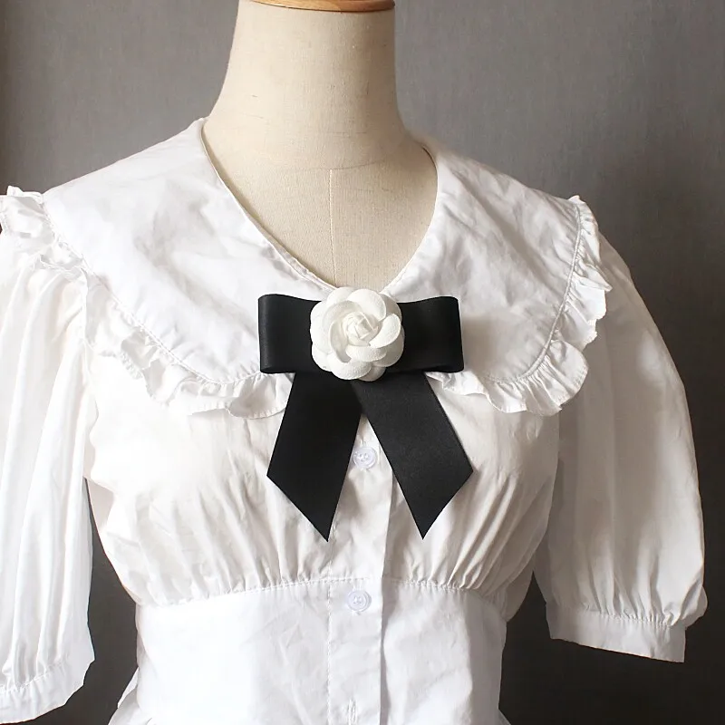 Camellia Butterfly Knot British Korean Academy Style Girl White Shirt Skirt Set Collar Flower Handmade Butterfly Knot Brooch