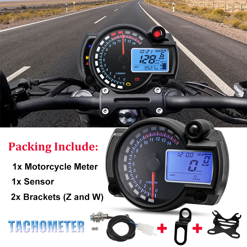 Universal Motorcycle Tachometer Digital LCD Speedometer Odometer 199km/h RPM Meter Dashboard Tacho with Y/Z/W Bracket Sensor 12V