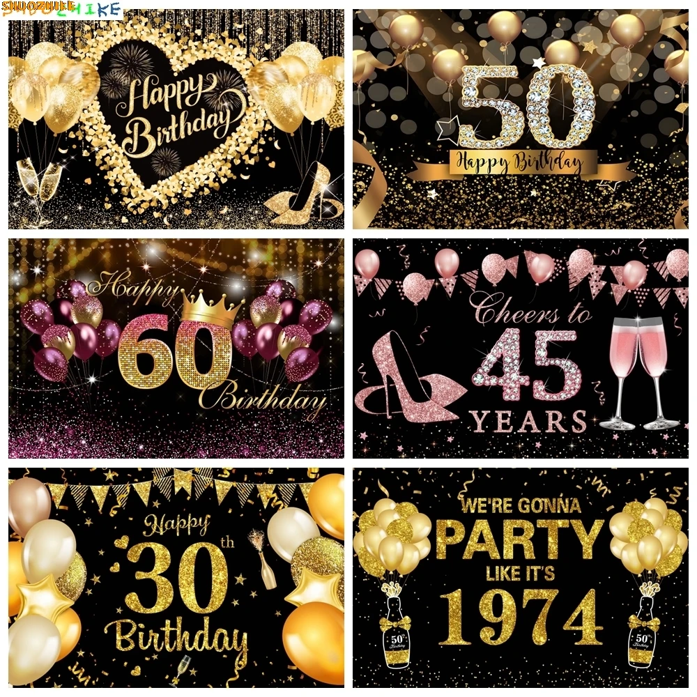 

Adult Birthday Party Backdrop for Photography Golden Glitter Balloon 30 45 50 60 Years Old Birthday Decoration Photo Background