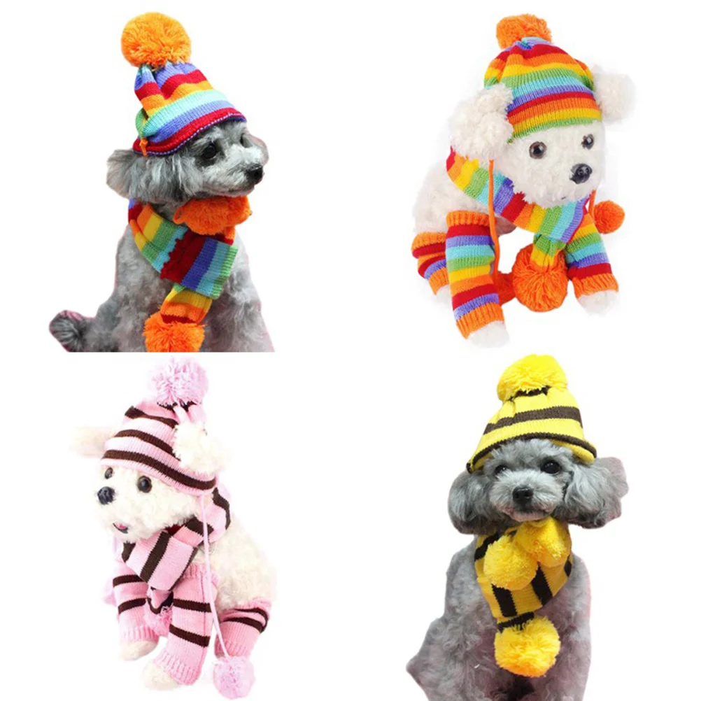 

1Set Dog Scarf Hat Set Knitted Winter Warm Costume Pet Festival Clothes Size M Yellow Brown Perfect for Christmas Party Photo
