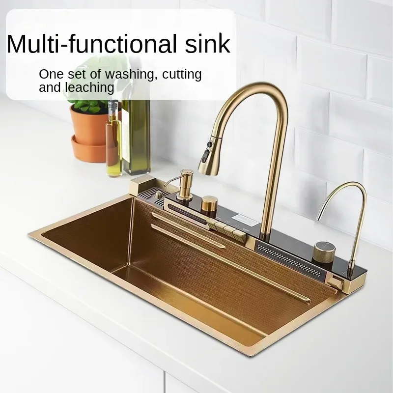 Golden Kitchen Sink Stainless Steel Waterfall Sink Embossed Digital Display Single Slot Multifunctional Gold Wash Basin Topmount