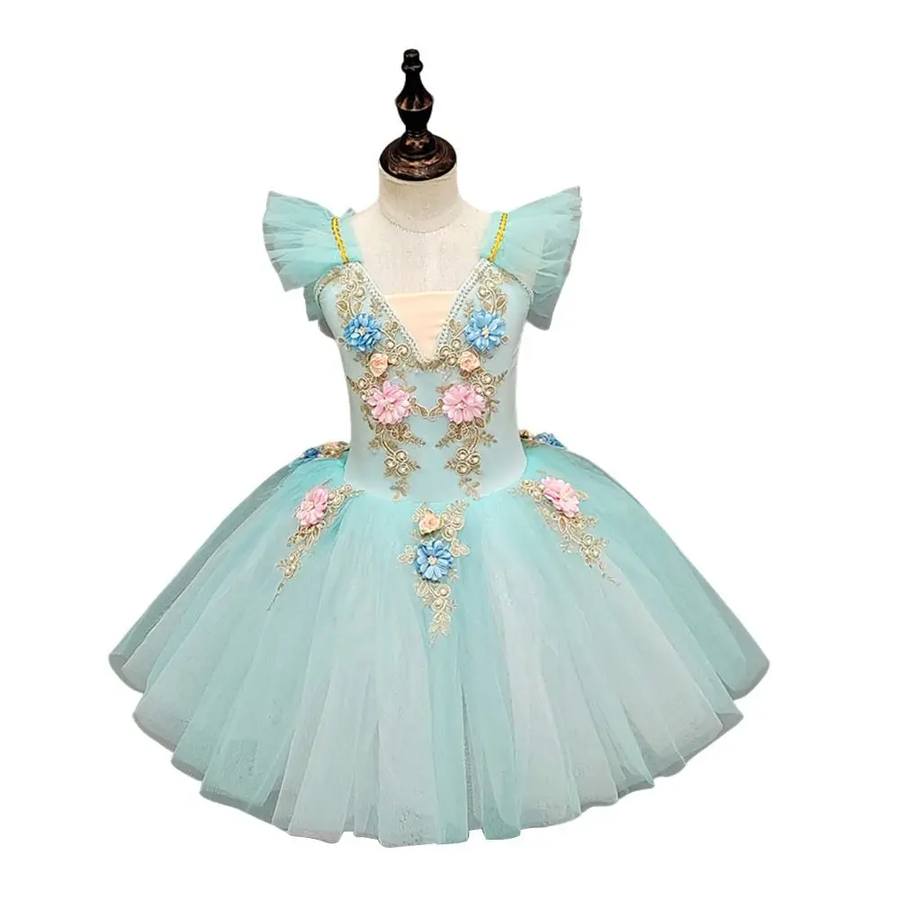 ファッションスパンコールキッズバレエドレス花プロフェッショナルパフォーマンス服ふわふわ白鳥の湖バレエチュチュキッズガールズ