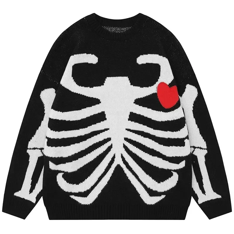 Y2K tops new American hip-hop skull jacquard skeleton love knitted sweater men women Harajuku ins loose pullover street fashion