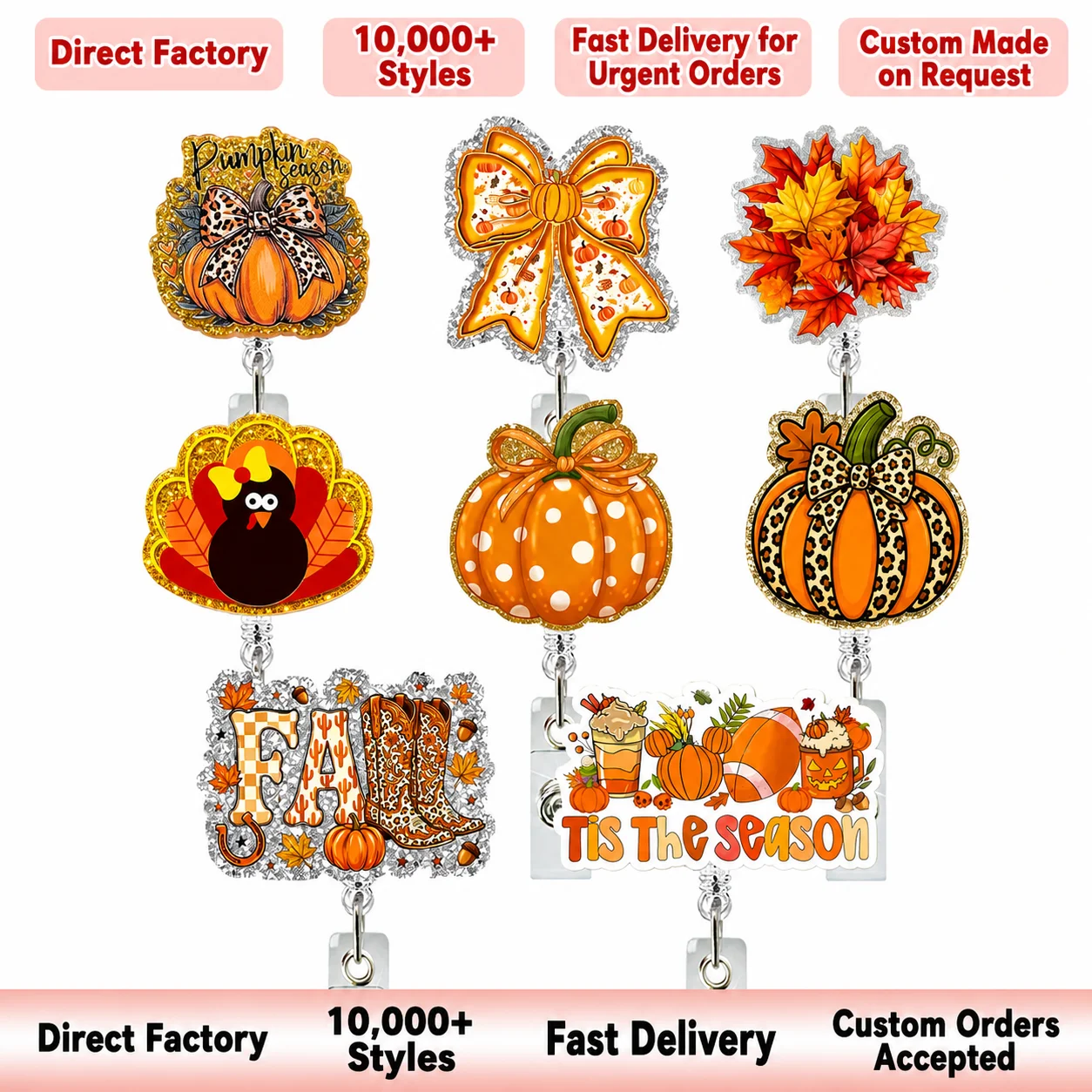 Retractable Badge Reel, Thanksgiving Fall Pumpkin Pattern Id Badge Holder For Medical Staff Id Card Holder With Alligator Clip