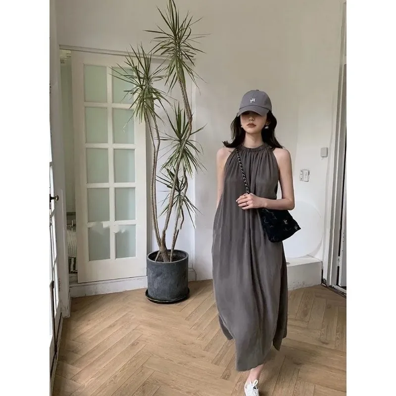 

Women's Summer Solid Copper Ammonia Silk Halter Maxi Dress Loose Sleeveless Casual Hide Belly Dress