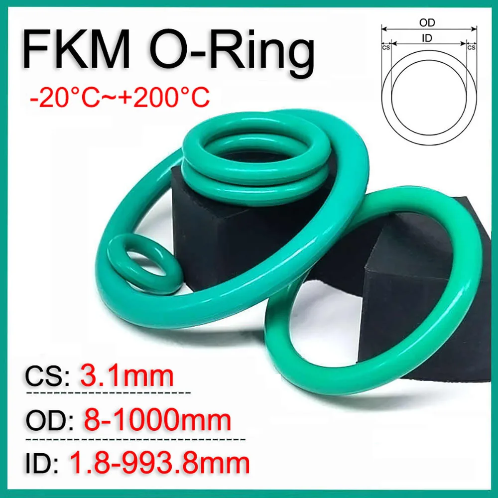 

FKM Fluororubber O-rings Sealing Ring Thickness CS 3.1mm OD 8~1000mm ID 1.8~993.8mm O Ring Fuel Washer Oil Resistant Acid Alkali