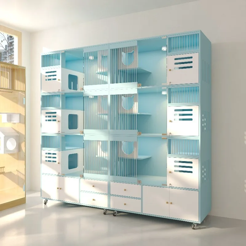 

Customizable Spacious Multi-Compartment Cat Kennel Cabinet with Clear Viewing Panels and Storage Shelves for Indoor Use