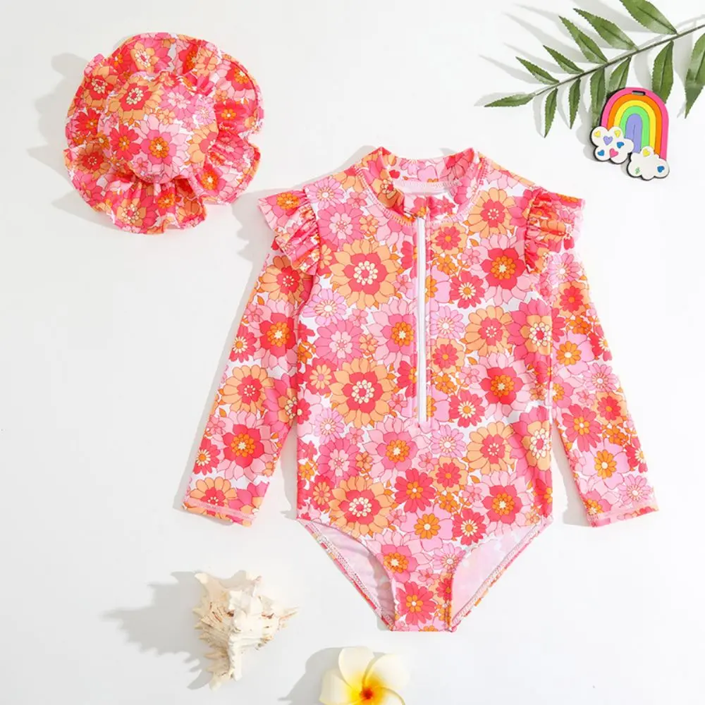 Little girl swimsuit 2024 new girls cute one-piece sunscreen swimsuit rainbow flower print