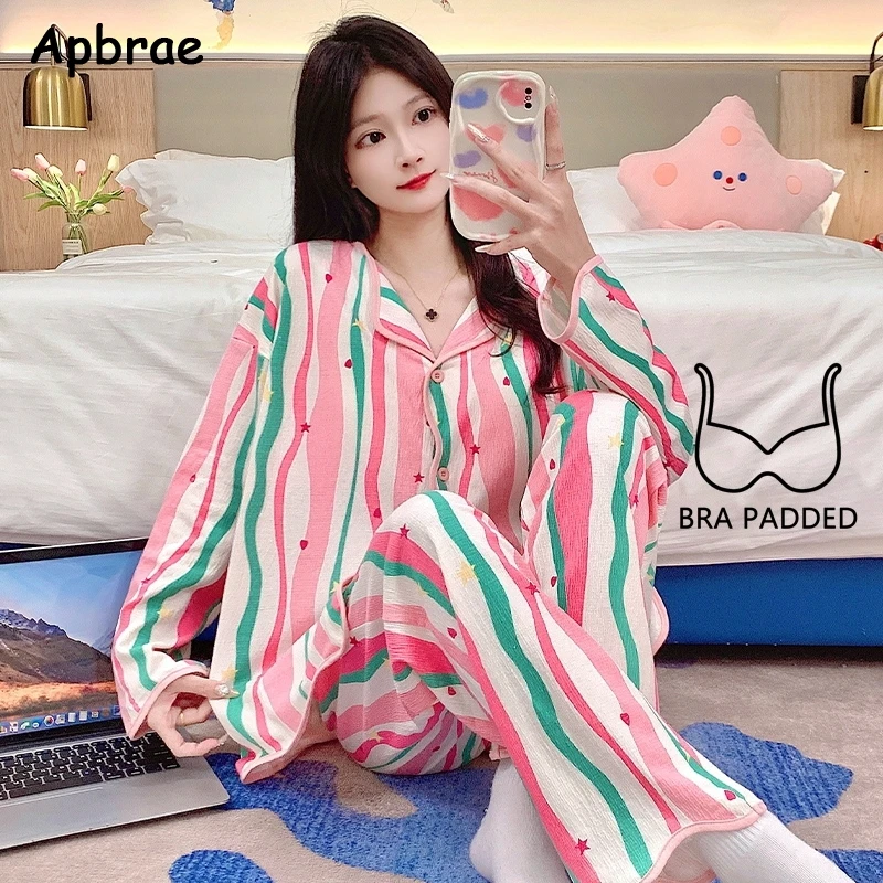 New Autumn Sweet Strawberry Print Girl Pajamas with Bra Pads Long Sleeves Cardigan Pijamas Fashion Soft Woman Homewear