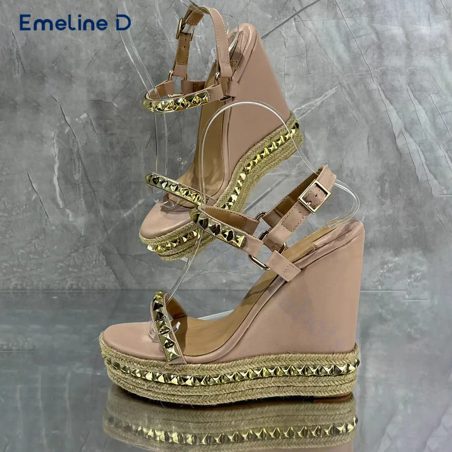 Gold Studded One-Strap Espadrilles with Round Toe and Apricot Wedge High-Heeled Sandals Fashionable and Elegant Women's Shoes