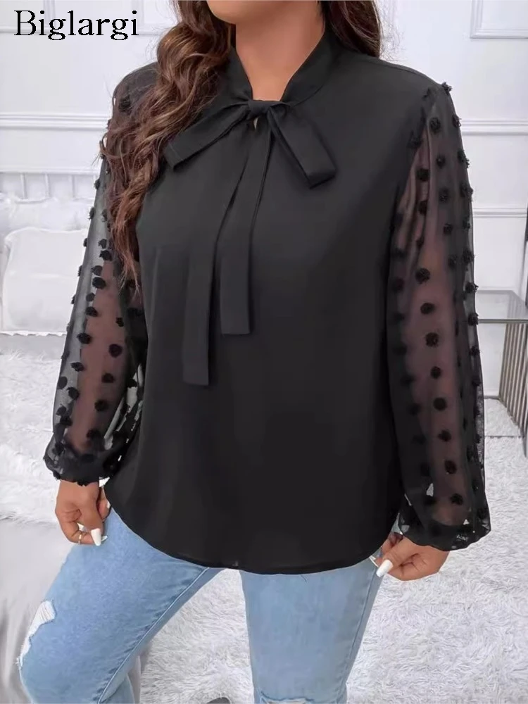 

Plus Size Autumn Tops Women Mesh See Through Patchwork Long Sleeve Polka Dot Embroidery Fashion Ladies Blouses Loose Woman Tops