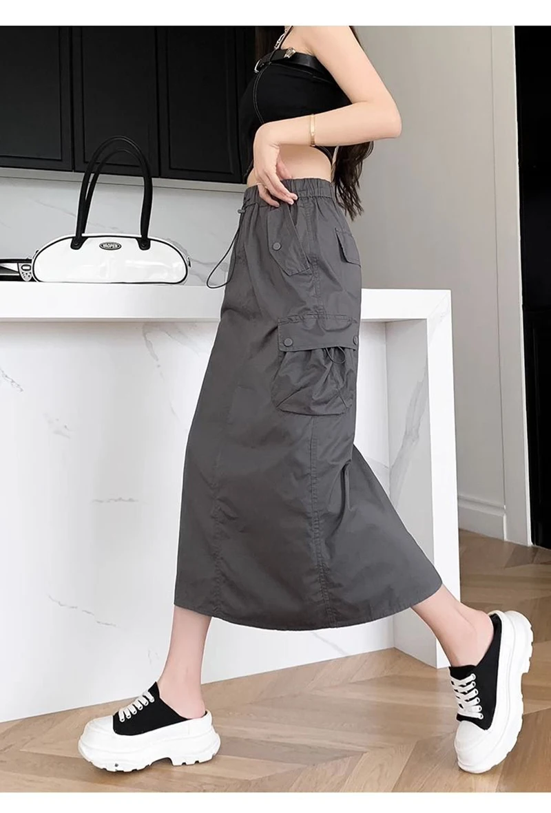 Jupe longue Cargo américaine Y2k pour femmes, taille haute, rétro, fente au dos, décontractée, Streetwear, ample, Harajuku, jupes trapèze