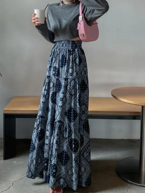

Ele High Waist Long Knee-Length Midi Skirt Women's Floral Print Design Full A-Line Midi Skirt Spring Season Faion