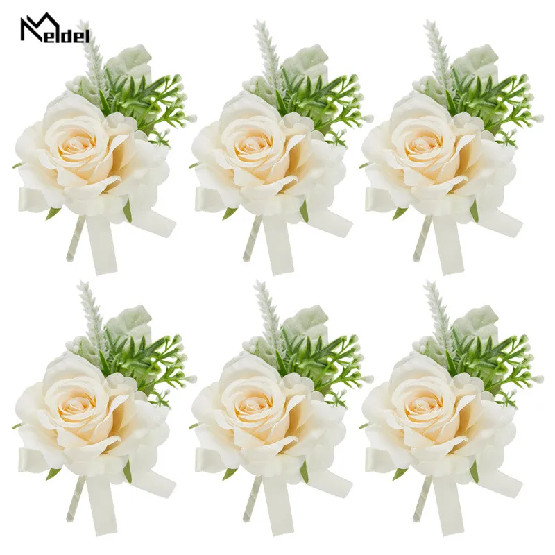 6 pz Champange bianco Groomsman Boutonnieres fiori rose artificiali da sposa damigella d'onore ragazza bracciali fiori corpetto da polso