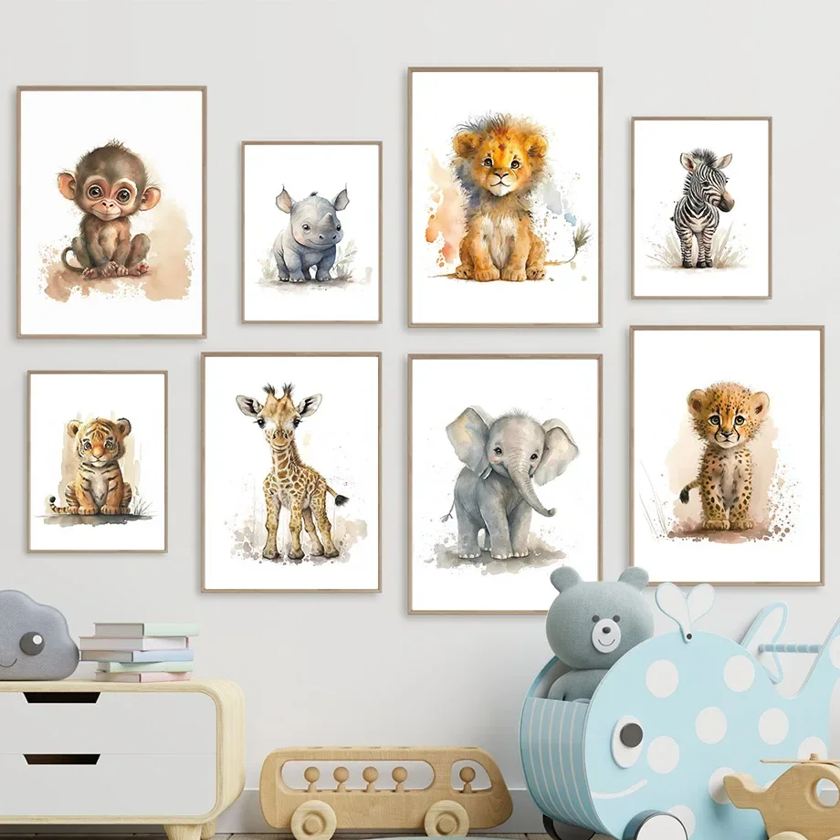 Multi-size 1PC frameless high-definition decorative paintings,Nursery Animals Lion Giraffe Rhino Monkey Zebra Tiger Wall Art Can