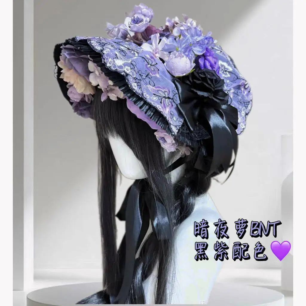 

Dark Goth Black Purple Original Lolita Hanyang Eclectic Straw Hat Flat Hat Bonnet Gorgeous Bnt Woman