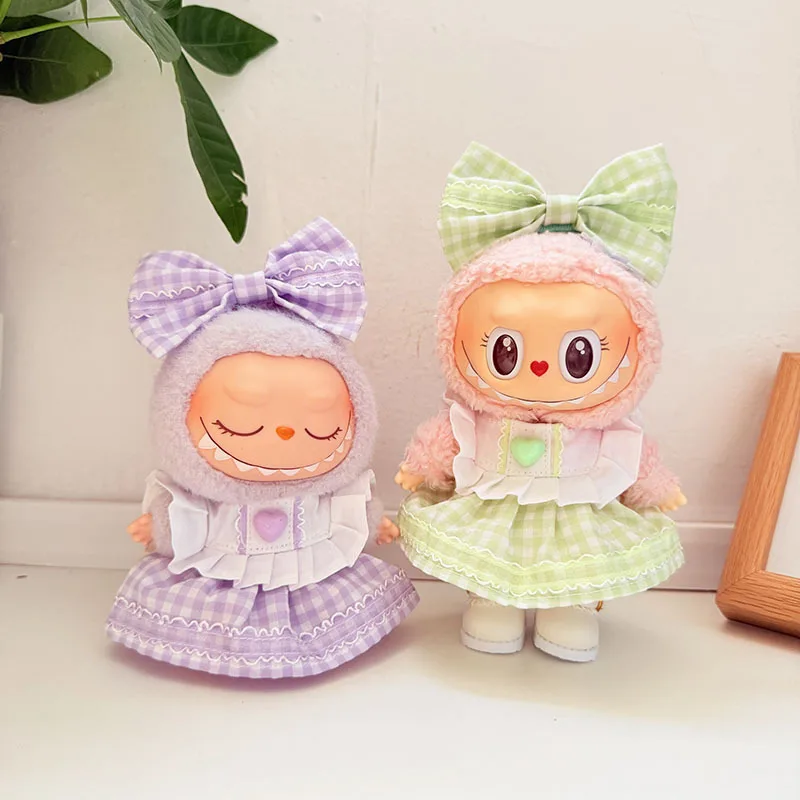 

Одежда для куклы LABUBU 1st-3rd Gen 15/17 см, только платье в клетку в форме сердца с очками, аксессуары для фотоаппарата, подвесной наряд для вечеринки