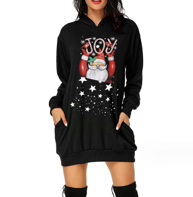 

Women's Christmas Sweatshirt 2025 Autumn Winter Latest Christmas Print Mid Length Pocket Hooded Long Sleeve Sweatshirt Pullover