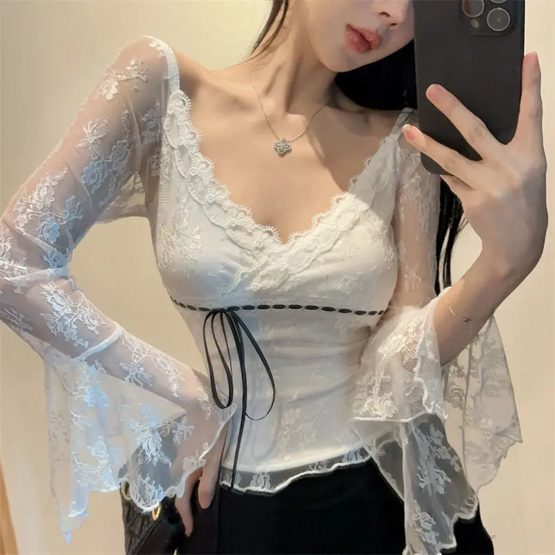 

Bow Lacing Lace Pullovers Ladies Sexy Hollow Out Interior Lapping Bottoming Shirt Solid Color Slim Top Tee Female V-neck Tshirt