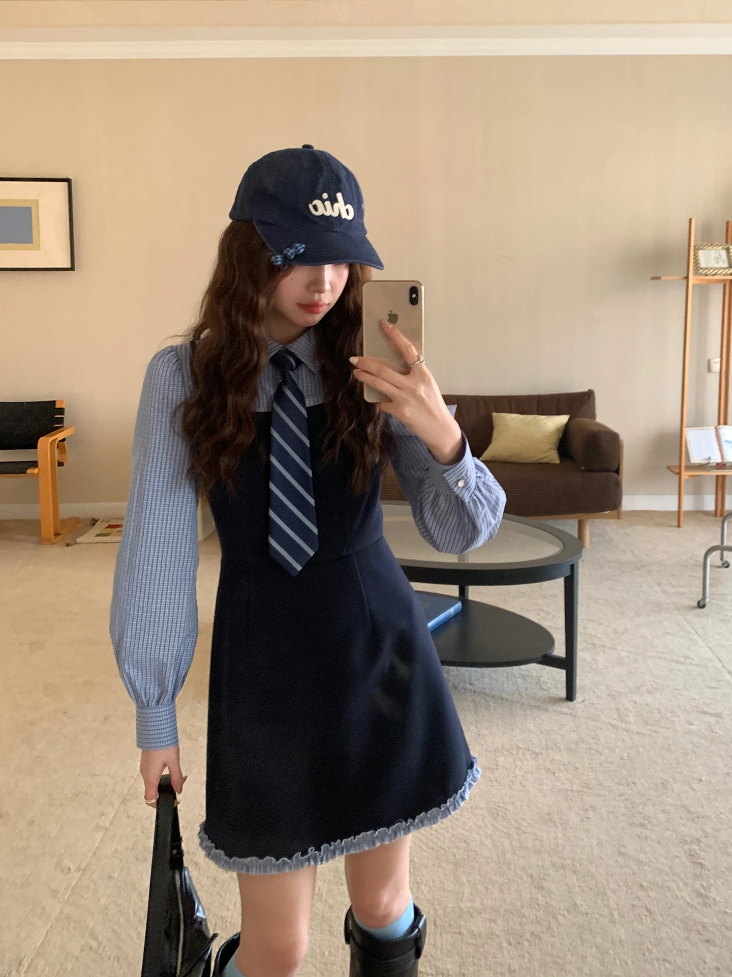 

Korean Sle High nce Autumn Winter Plaid Color Blo College Sle Fake Two-Piece Dr Ladies Ci Commute Dr