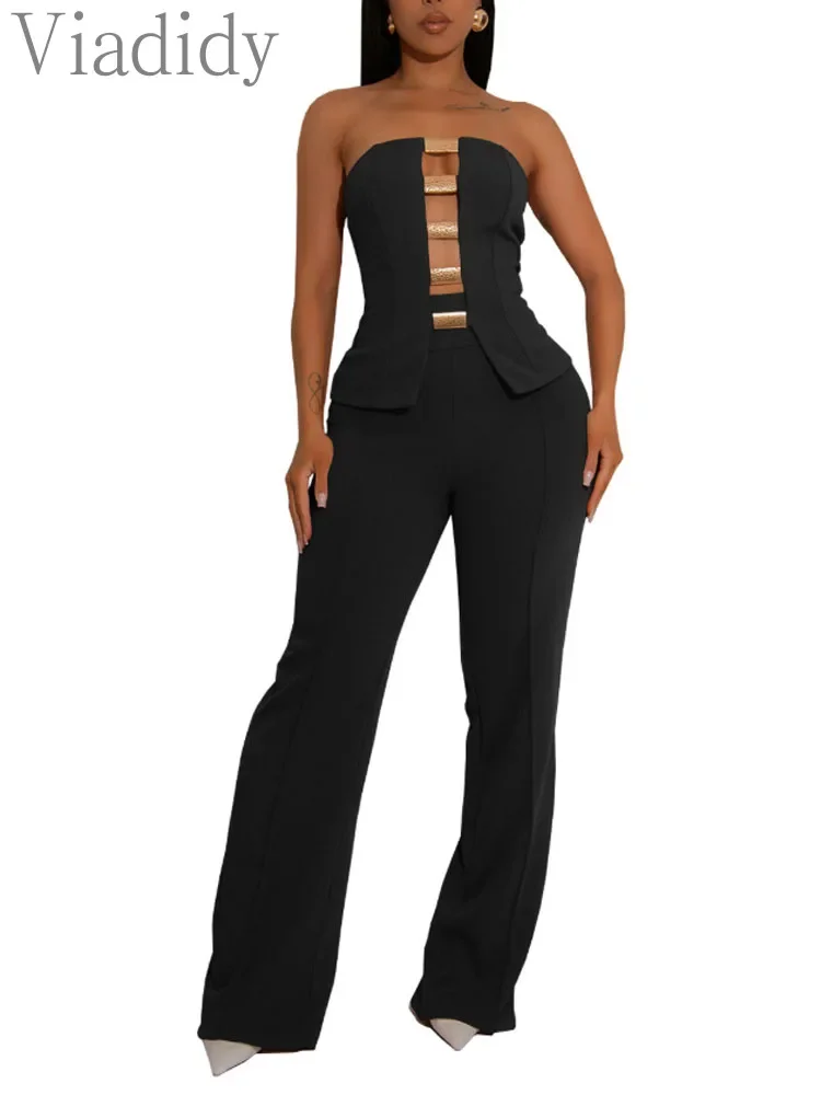 

Women's Sexy Solid Color Hollow Out Bandeau Top and High Waist Wide Leg Pants 2pcs Set