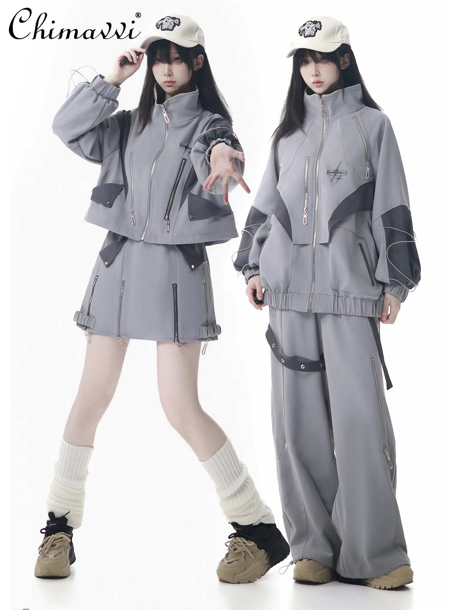 

Japanese Style Functional Patchwork Tailored Design Long Pants Set Long Sleeve Loose Jacket Long Pants Sweet Cool Girl Slim Set