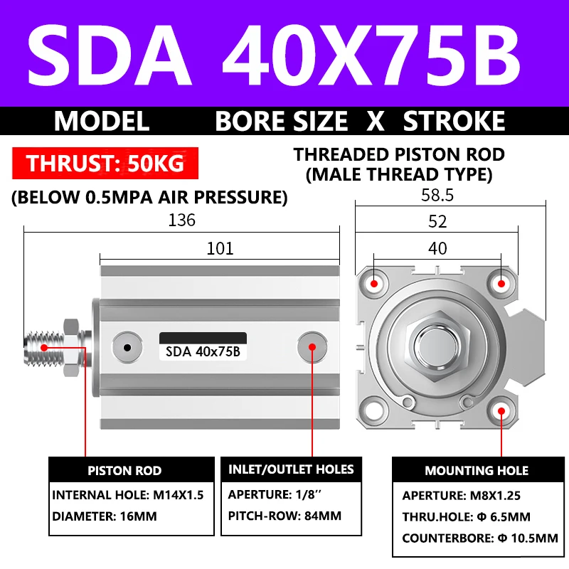 ABILKEEN SDA40X75B SDA Series Thin Air Cylinder 40MM Male Thread Bore X 75MM Stroke Double Acting Pneumatic Compact Cylinder