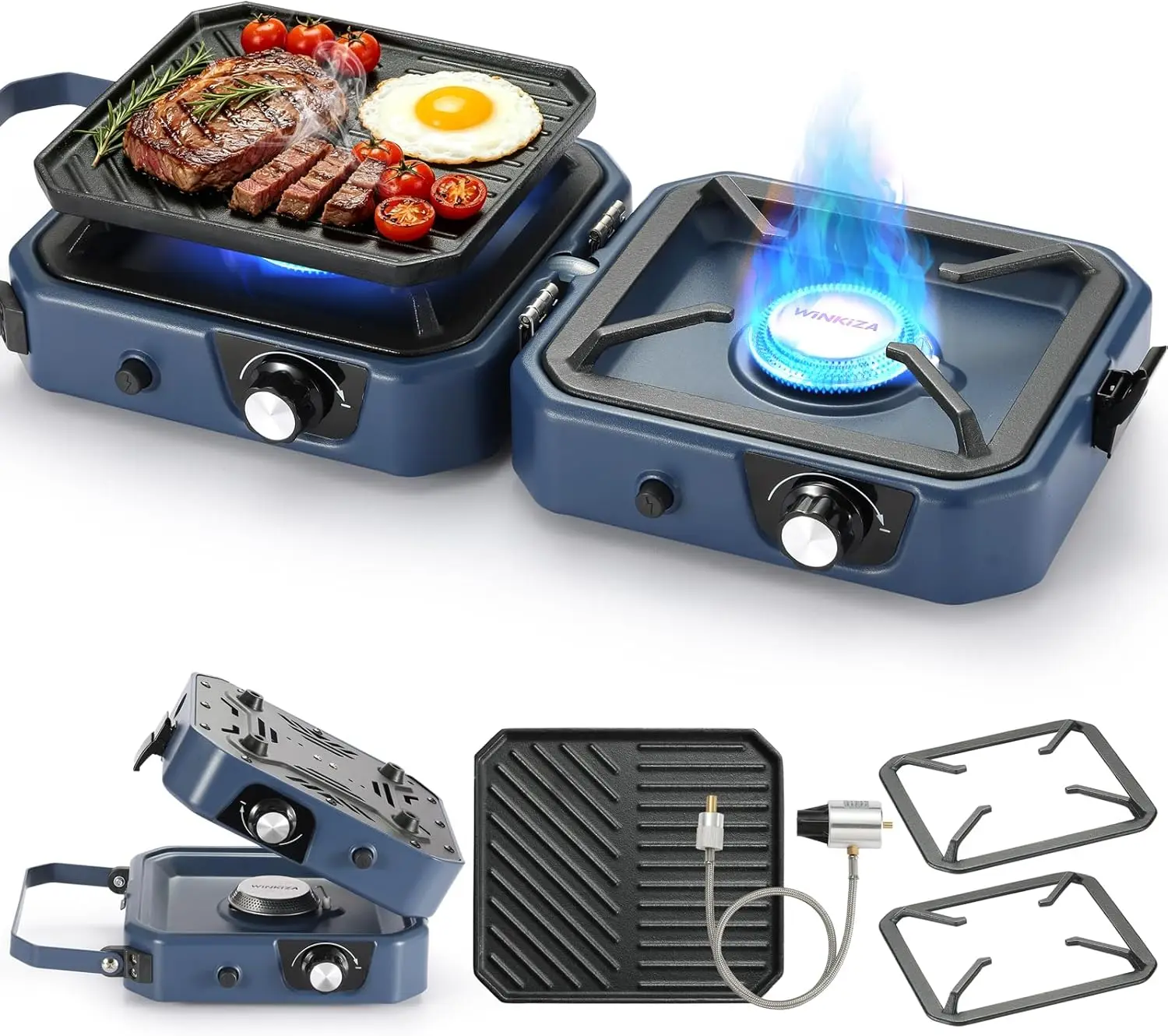 

Portable 2 Burner Propane Camping Stove with Griddle, 24000BTU, Foldable, Stainless Steel, Outdoor Cooking