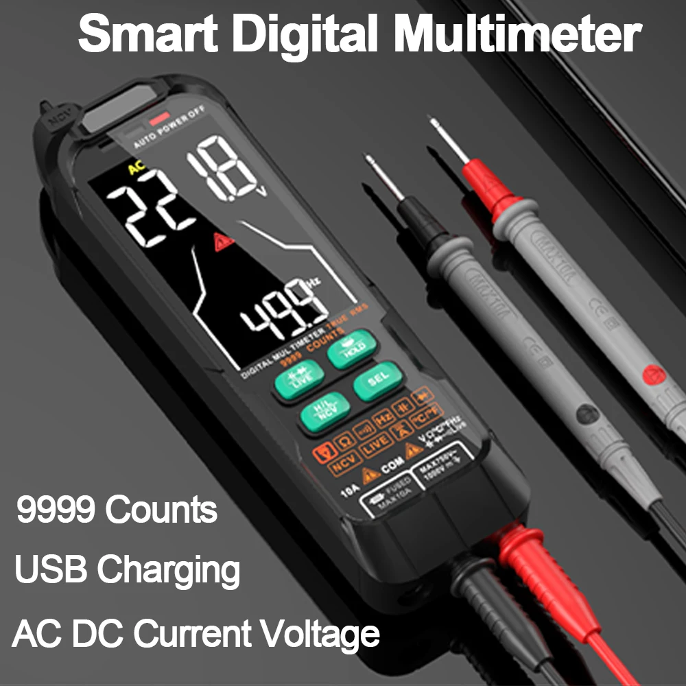 USB Charge Multimeter Digital 9999 Counts AC DC Current Voltage Multimetro Auto Range True RMS NCV Capacitance Ohm Temp Tester