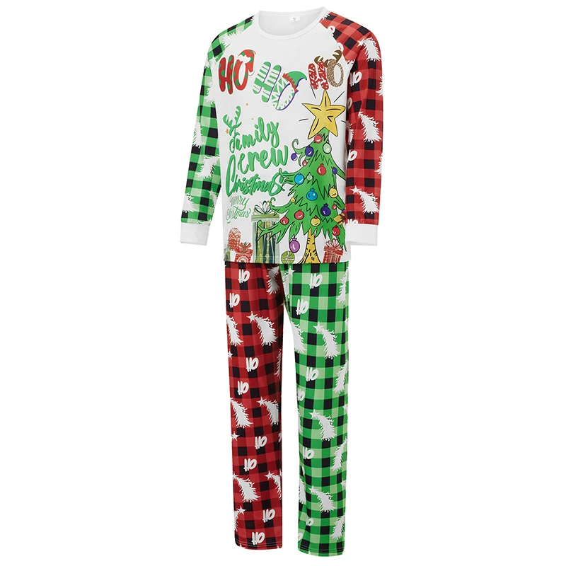 Christmas Family Pajamas Matching Set Long Sleeve Tree Print T-shirt with Plaid Pants Sleepwear Loungewear