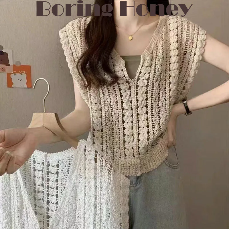 

Boring Honey Hollow Out Crocheted Vest Female Design Sleeveless Top Summer New V-Neck Pullover Blouse With Fashion Top Women