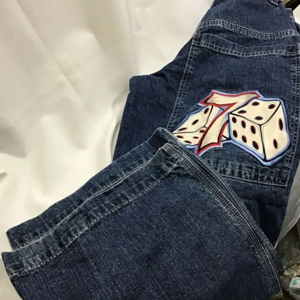 

New Street Graffiti Hip Hop 7 Dice Pattern Embroidered Baggy Jeans Vintage Straight Leg Wide Leg Baggy Jeans Women Y2k Pants