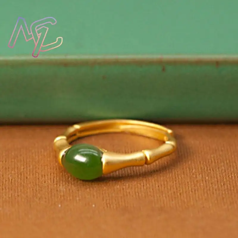 Green Natural Jade Bamboo Rings Stone Carved Gemstone Vintage Charm Lucky Talismans Adjustable Ring Real Jewelry view 5