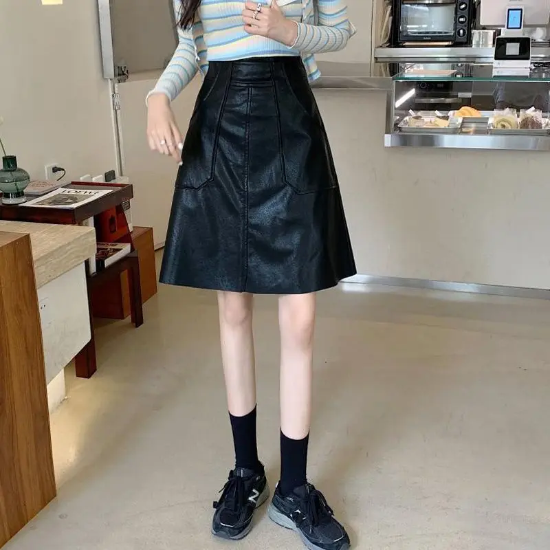Korean Style Autumn Winter PU Leather Women High Waist A-line Midi Skirt Pockets Design Casual Swing Skirt